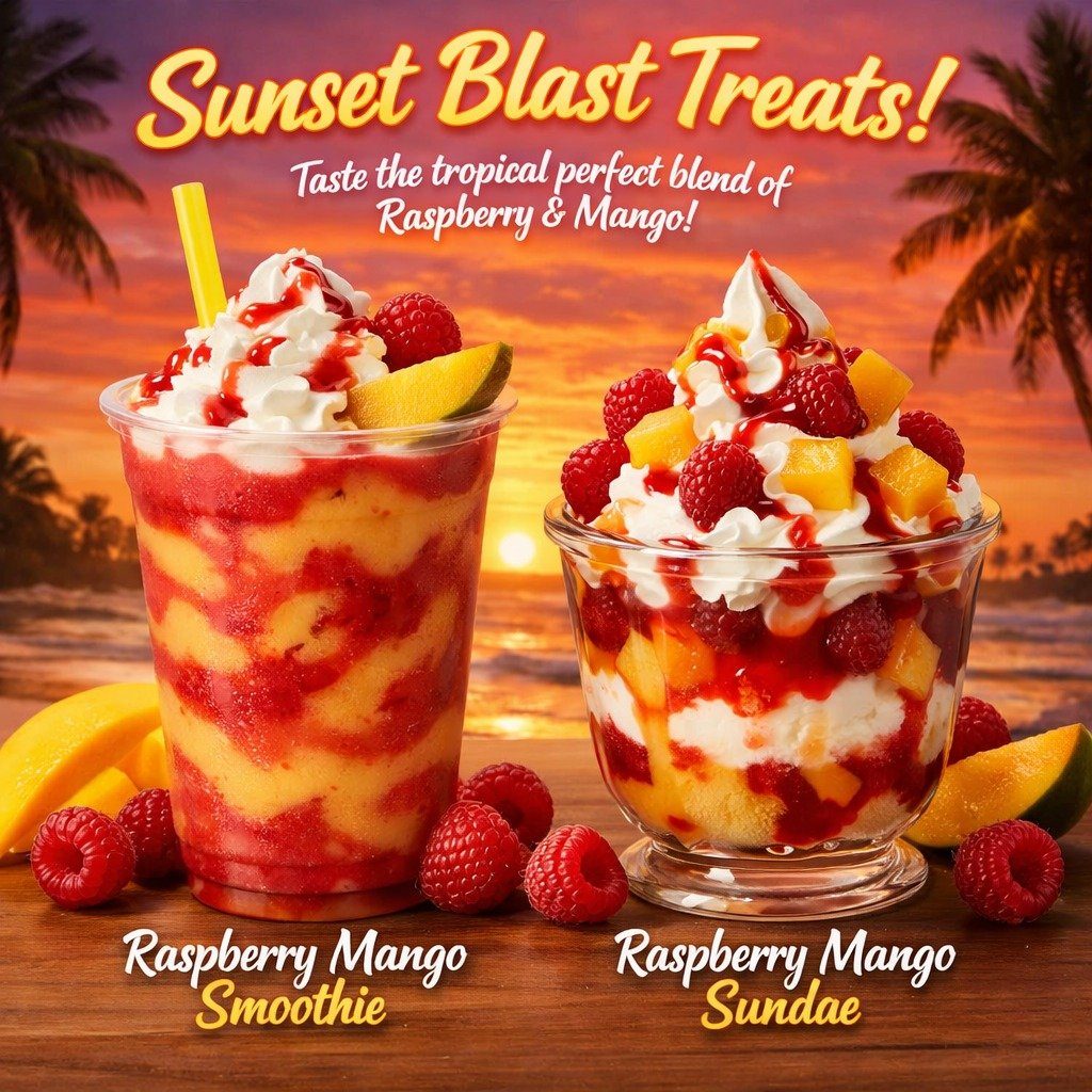 Sunset Blast Treats — Raspberry Mango Smoothie and Sundae
